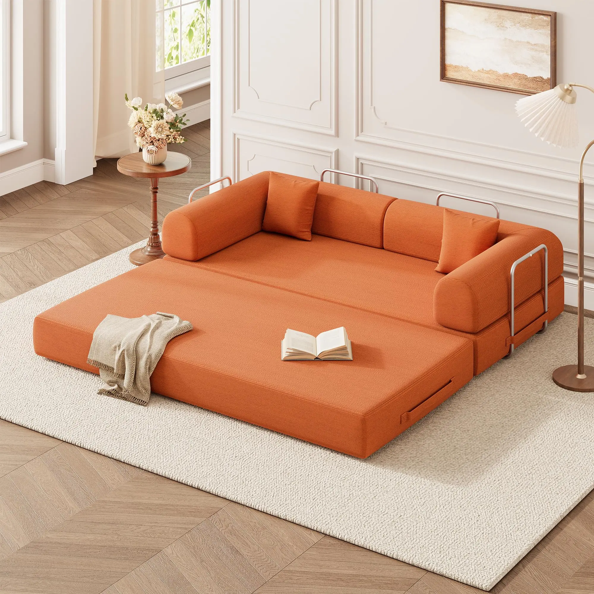 78.7 in Convertible Sofa Bed,5-in-1 Corduroy Modular Boneless Couch | Reinforced frame, removable armrests, 2 pillows, no assembly; ideal for living rooms, guest rooms, and compact spaces