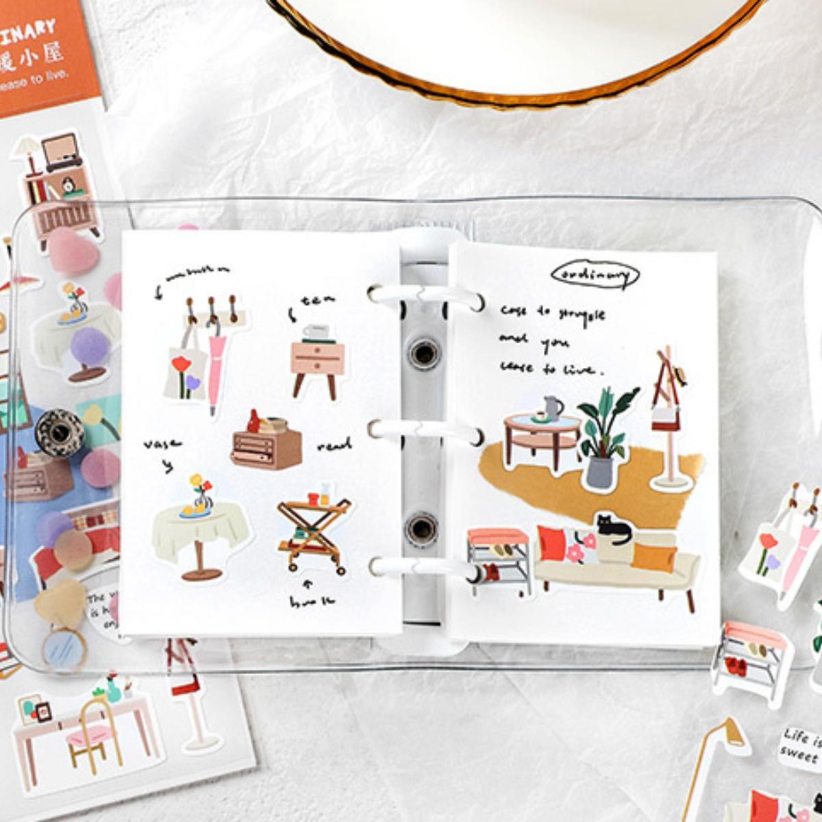 Cartoon Daily Life Series Sticker Packs, 4 Sheets/set Mixed Pattern Self Adhesive Decal, DIY Creative Paster for Gifts Bottle Scrapbook Phone Case Guitar