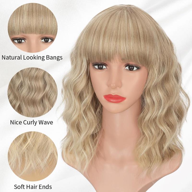 [ AISI HAIR ] Synthetic Wavy Curly Bob Wig with Bangs Mixed Blonde Short Hair Wigs for Women Synthetic Heat Resistant Bob Wigs