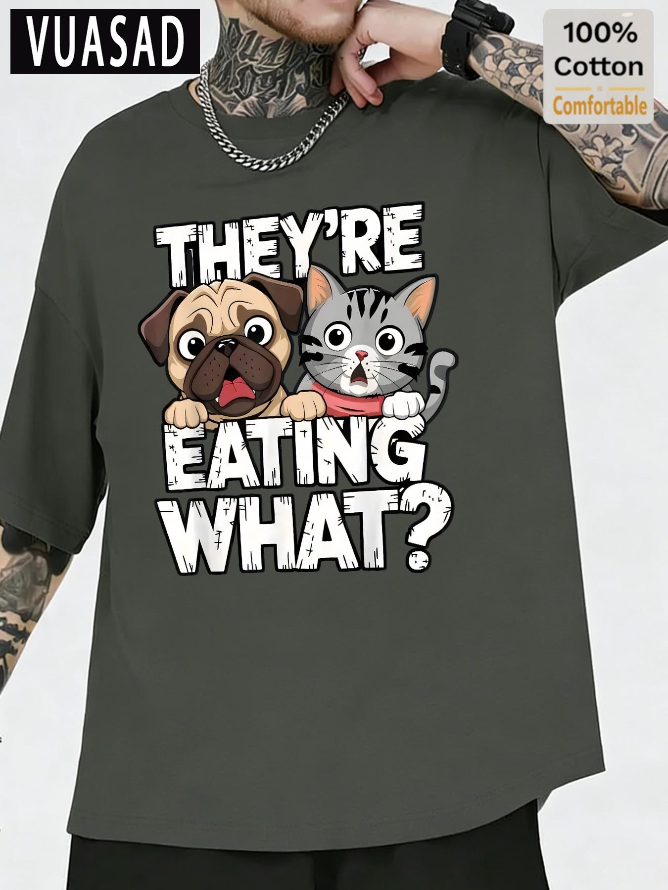 Men's Casual Cotton Short Sleeve T-Shirt, Pet Cat Dog Slogan Print, Loose Fit, Street Style, Half Sleeve Top, Trendy Fashion