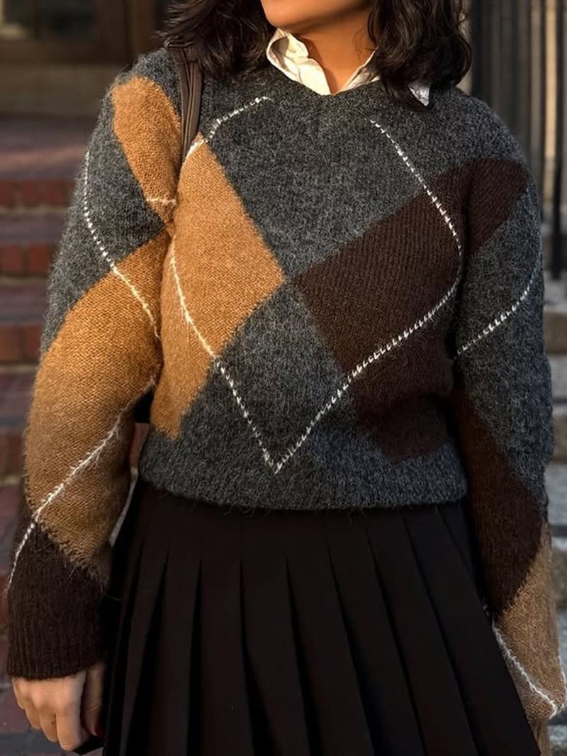 Fashion Casual Argyle Knit V-Neck Loose Long Sleeve Sweater, Fitted Short Style for Fall, Women's Comfortable Pullover
