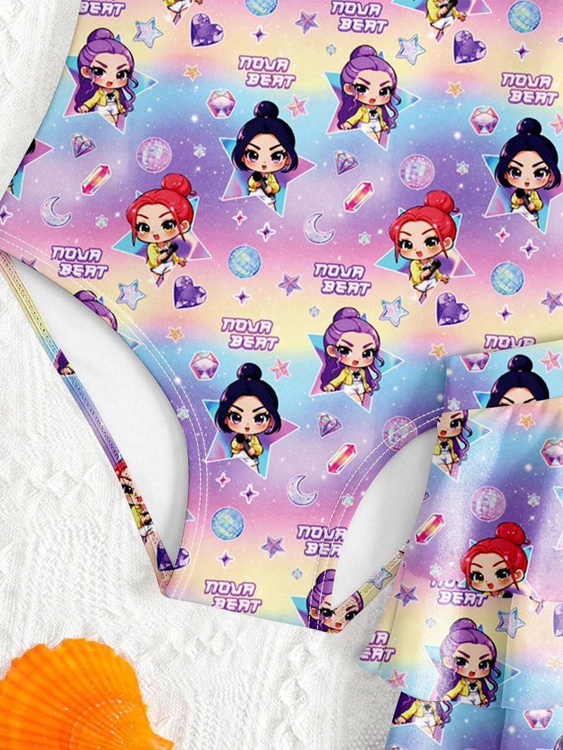 K-Pop Hunter Girl Group Swimsuit, Girls' Starry Sky Gradient Swimwear, Cartoon Character Print, Sweet Cool Two-Piece Bathing Suit, Swim Skirt Set K-Pop Hunter Girl Group Swimsuit, Girls' Starry Sky Gradient Swimwear, Cartoon Character Print, Sweet Cool Two-Piece Bathing Suit, Swim Skirt Set