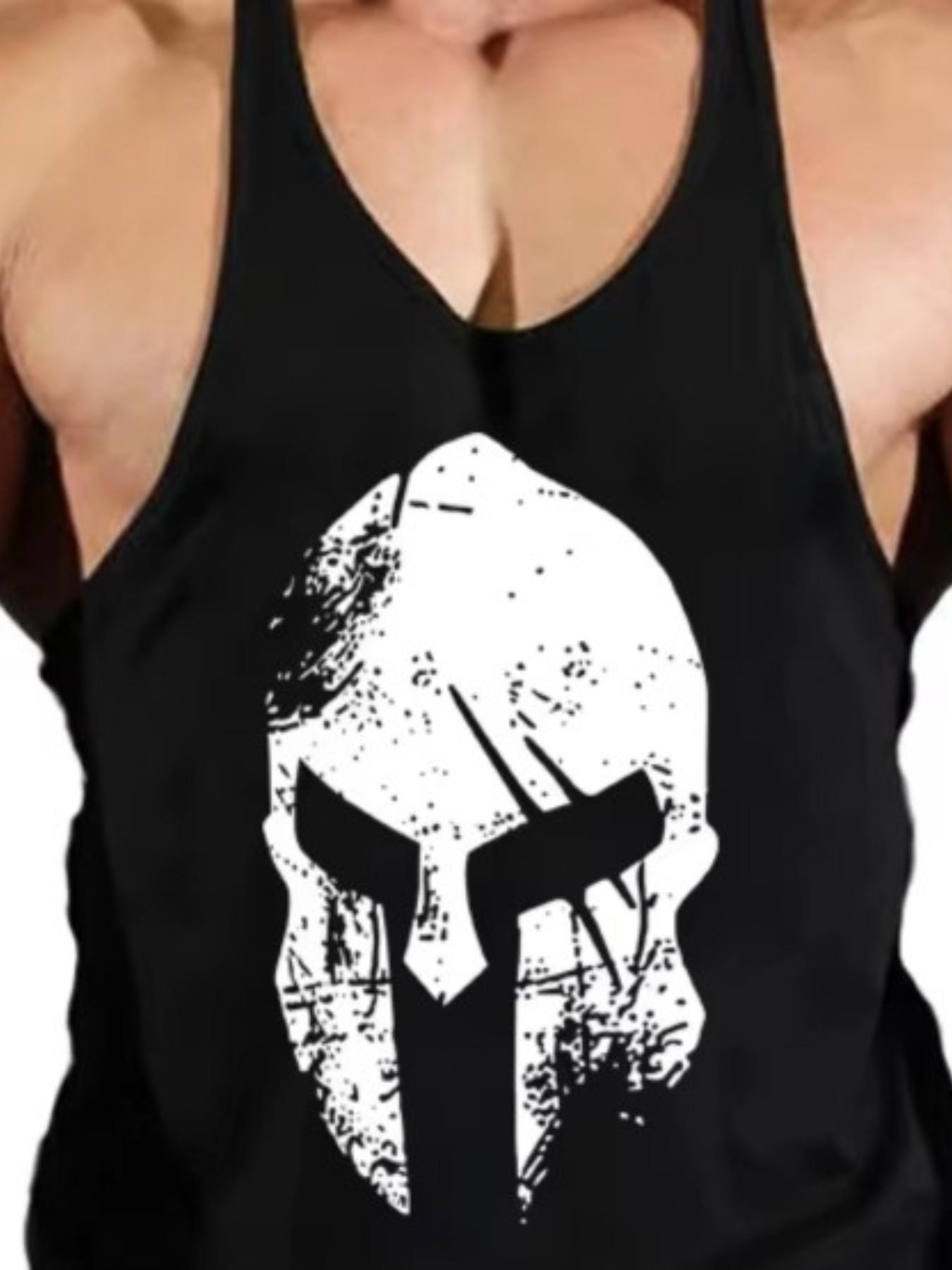Men's Vintage Spartan Helmet Graphic Tank Top, Sporty Loose-Fit Sleeveless Shirt, Muscle Building Workout Wear, All Seasons