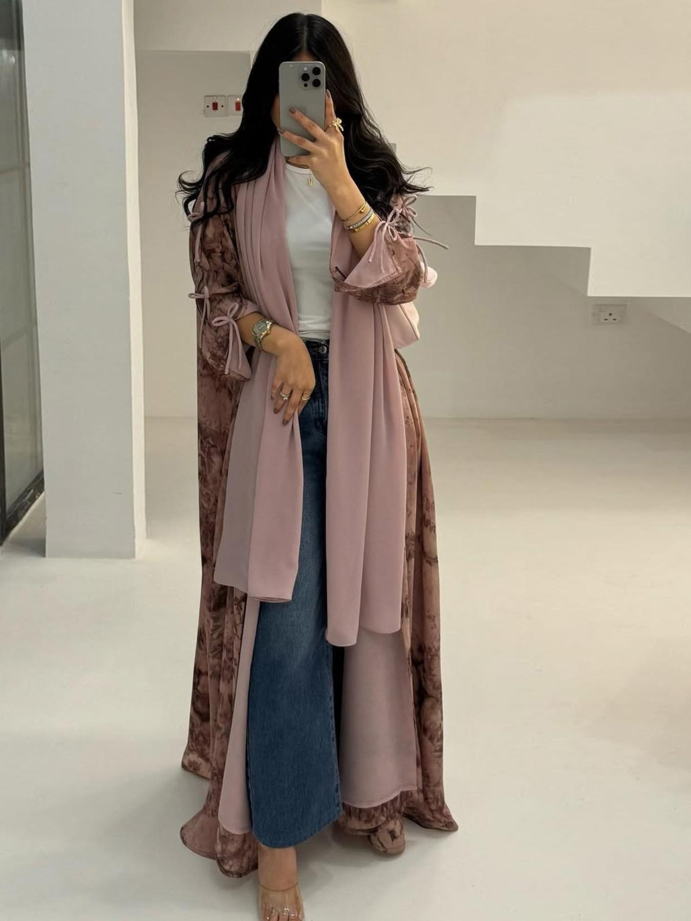 Women's Tie Dye Print Long Sleeve Open Front Abaya, Elegant Casual Tie Dye Print Long Robe, Women's Islamic Clothing for Daily Wear, Abaya Hijab Set, Abayas for Eid, Floral Print Abaya, Abaya Dress Set, Modesty Abaya, Modest Muslim Outfits