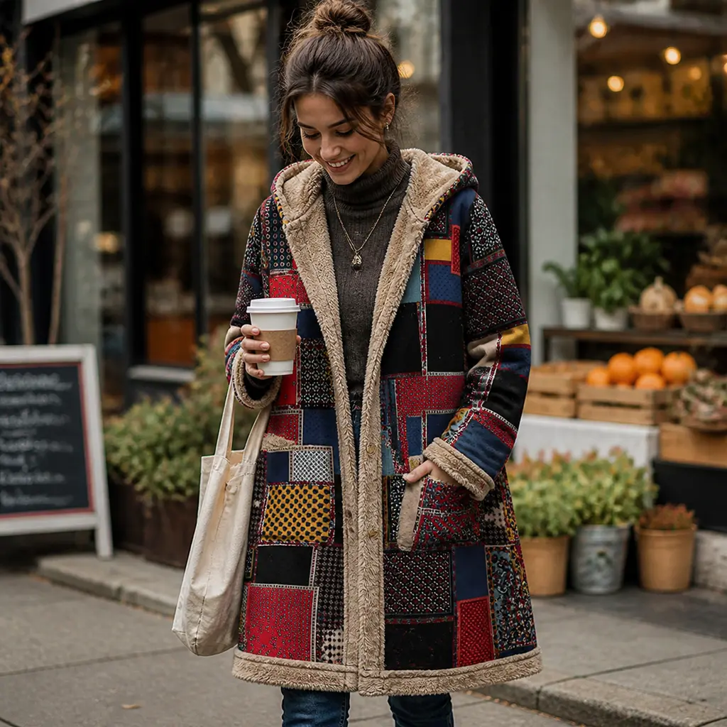 Women's Patchwork Print Hooded Fleece-Lined Mid-Length Coat, Long-Sleeve Boho Casual Winter Outerwear with Pockets for Daily Wear