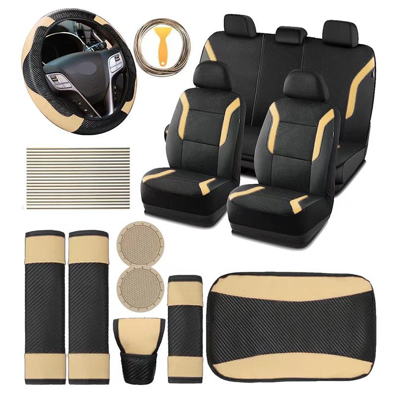 39pcs Car Interior Set, 5-Seat Memory Foam Thick Mesh Car Seat Cover, Leather Steering Wheel Cover Shoulder Cover Armrest Box Mat Coaster Shift Lever Cover Air Conditioning Vent Decorative Cover, Car Interior Kit