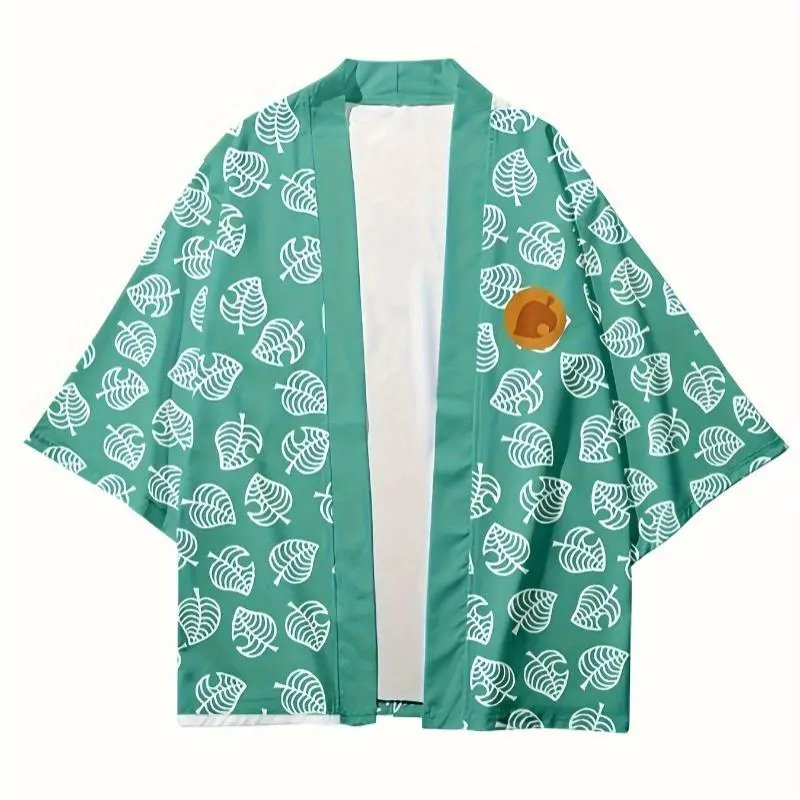 Elegant Loose Unisex Japanese Traditional Haori-Kimono Yukata, Leaf Print Tank Tops, Pink Cosplay Costume, Green Game Animal Outfit for Pool Streetwear (DIY Cosplay Supply)