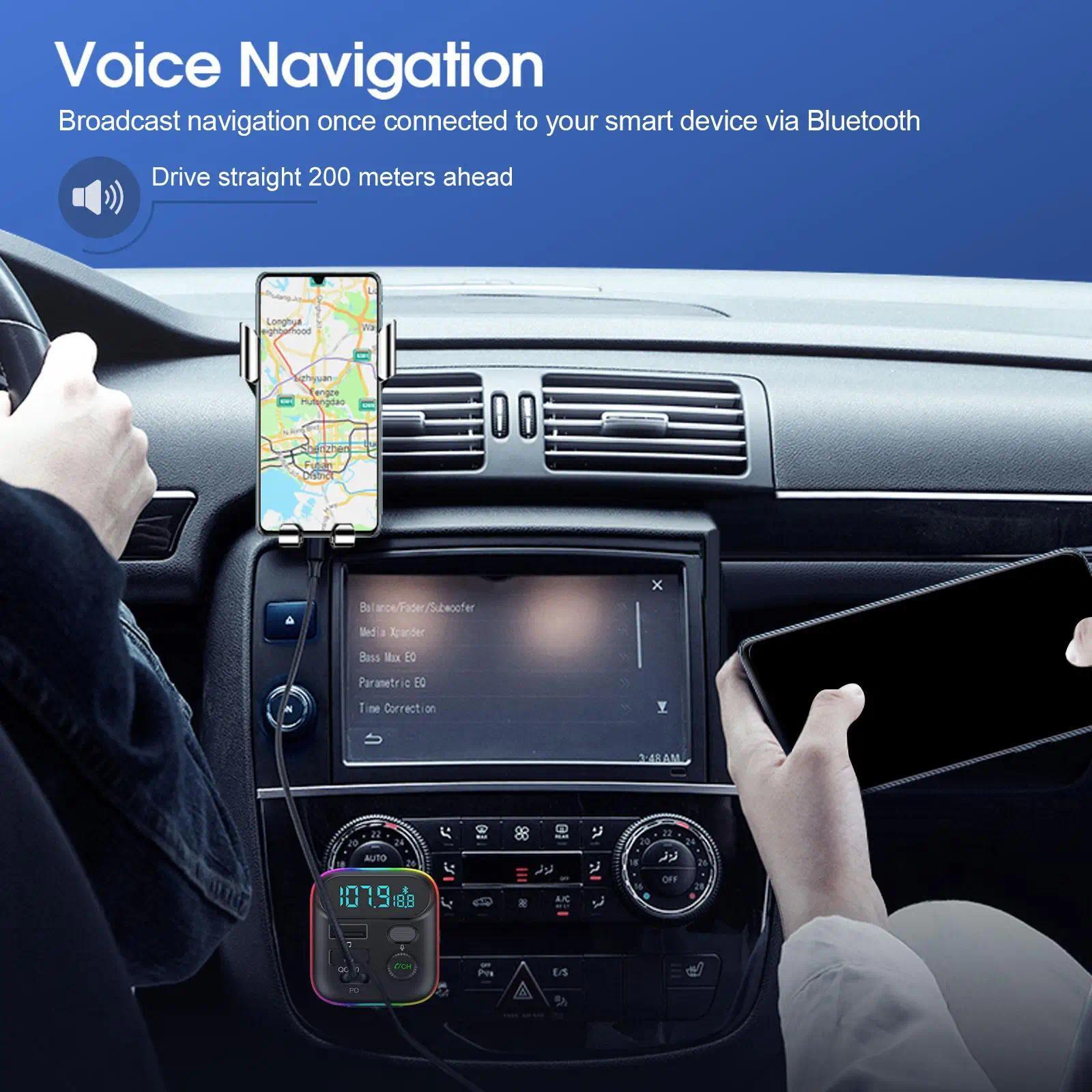 Bluetooth Car Adapter, In-Car FM Transmitter with Bluetooth 5.0, 18W PD Fast Charging, QC3.0, USB + PD Ports, Type-C, Colorful Ambient Light, Dual Music Player, Bluetooth Calling, Cigarette Lighter Accessory with Easy Setup