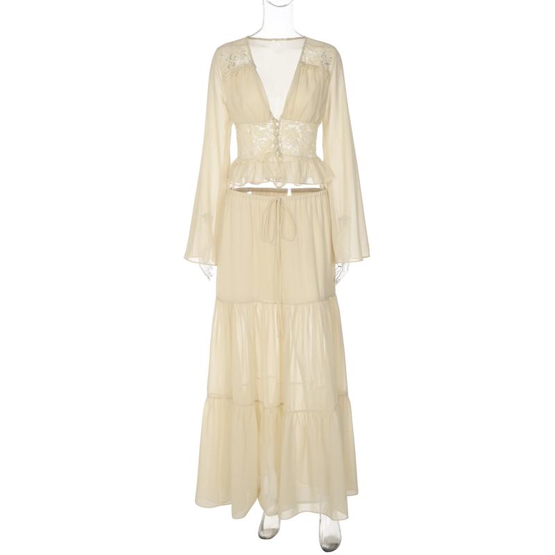Women Spring Autumn Long Sleeve V Neck Tops Long Skirt Beach Vacation Chiffon Two Piece Set Outfit