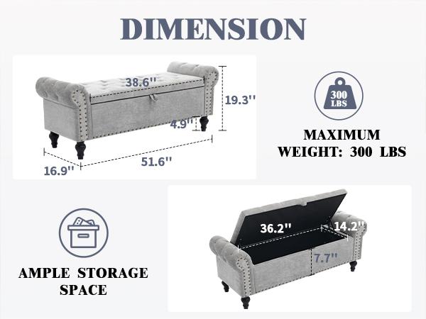 51" Bedroom Storage Bench, End of Bed Bench, Chenille Upholstered Benches, Ottoman with Storage, Window Benches with Rolled Arm and Nailhead Trim for Living Room, Entryway,