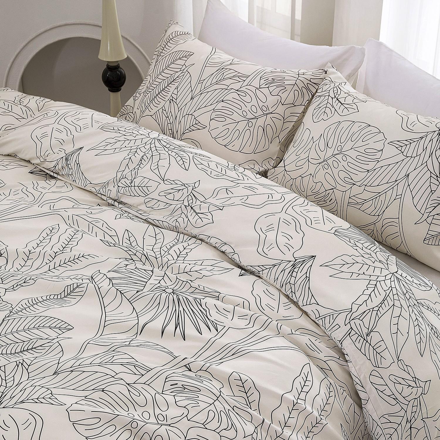 3-Piece Minimalist Line Tropical Leaf Printed Bedding Set, 1 Duvet Cover (No Insert) + 2 Pillowcases (No Insert), Soft Fabric with Easy Removable Zipper, Elegant Bedroom Decor, Spring & Summer New Duvet Cover