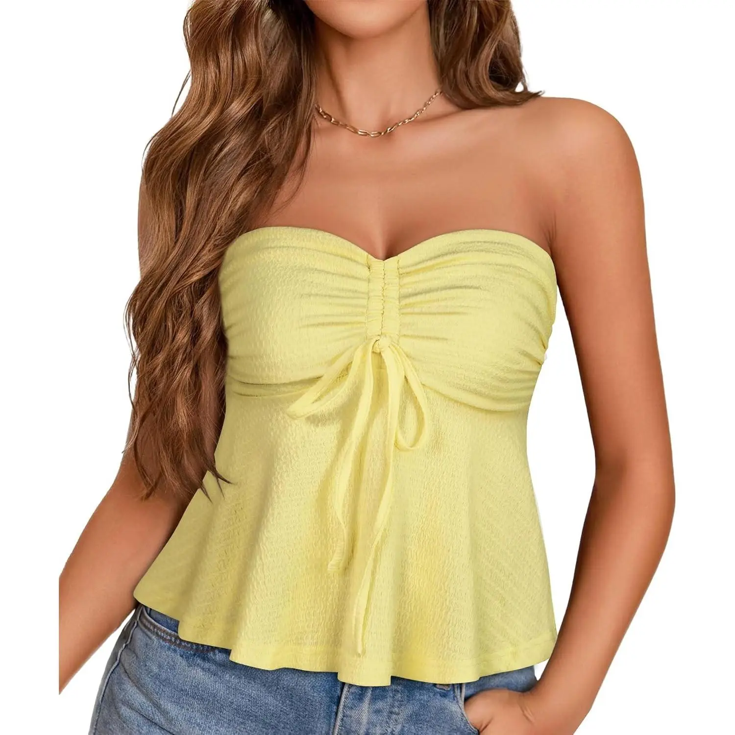 Women's Strapless Tie Front Ruched Peplum Tube Top with Flared Hem Casual Bandeau(Gift)