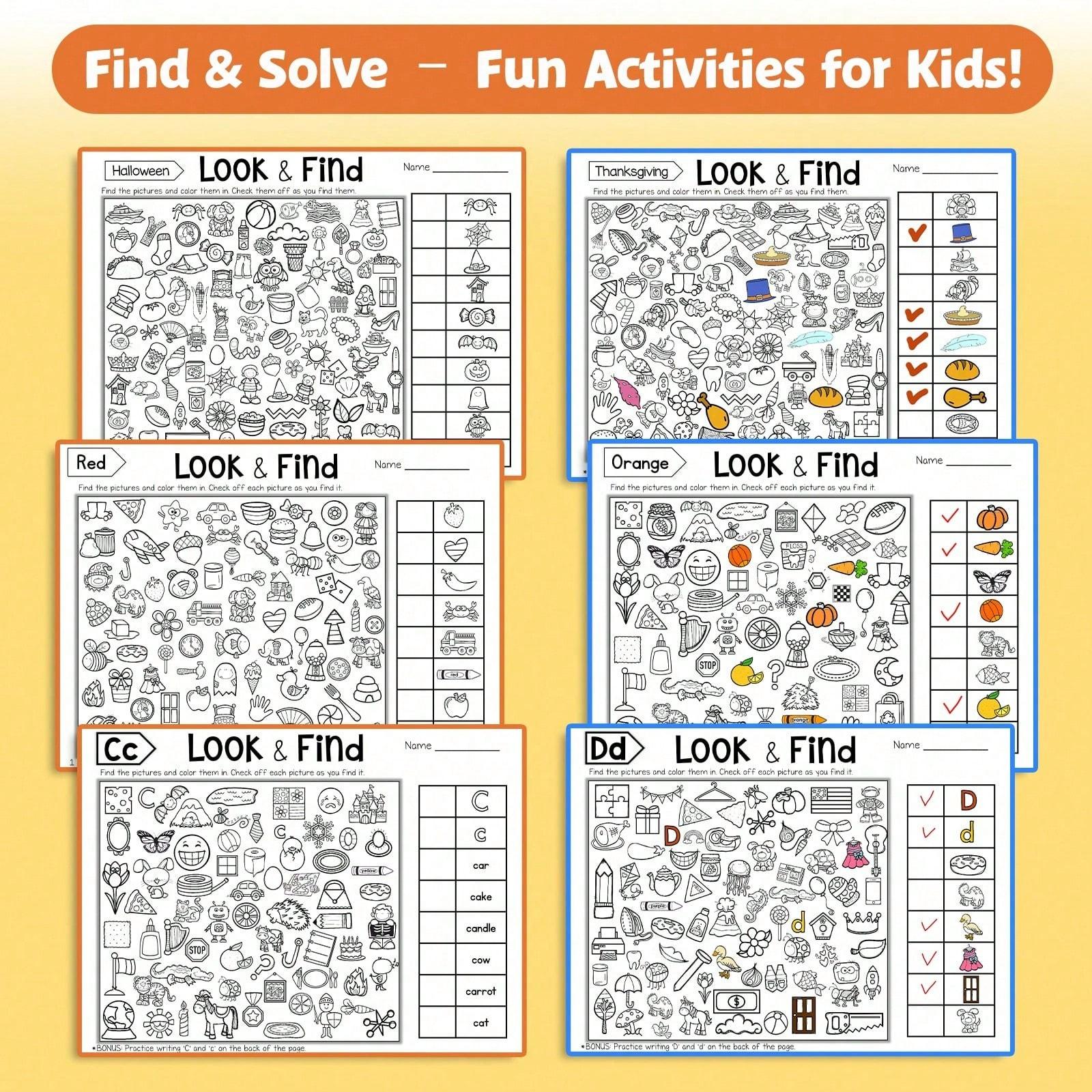 Look and Find Activity Workbook, Hidden Objects Search-and-Spot Pages, Alphabet / Objects / Colors & Shapes Themes, Visual Scanning and Observation Practice, Checklist Challenges, Screen-Free Puzzle Fun, Clear Worksheets for Daily Practice