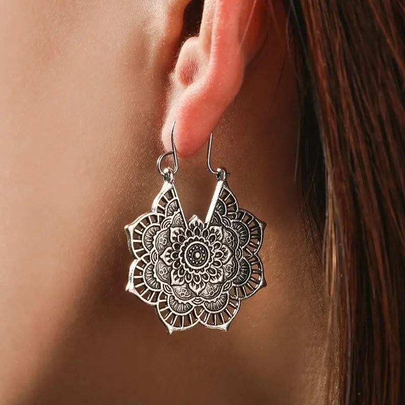 Boho 925 Sterling Silver Elegant Charm Vintage Style Tibetan Tibet Hook Earrings