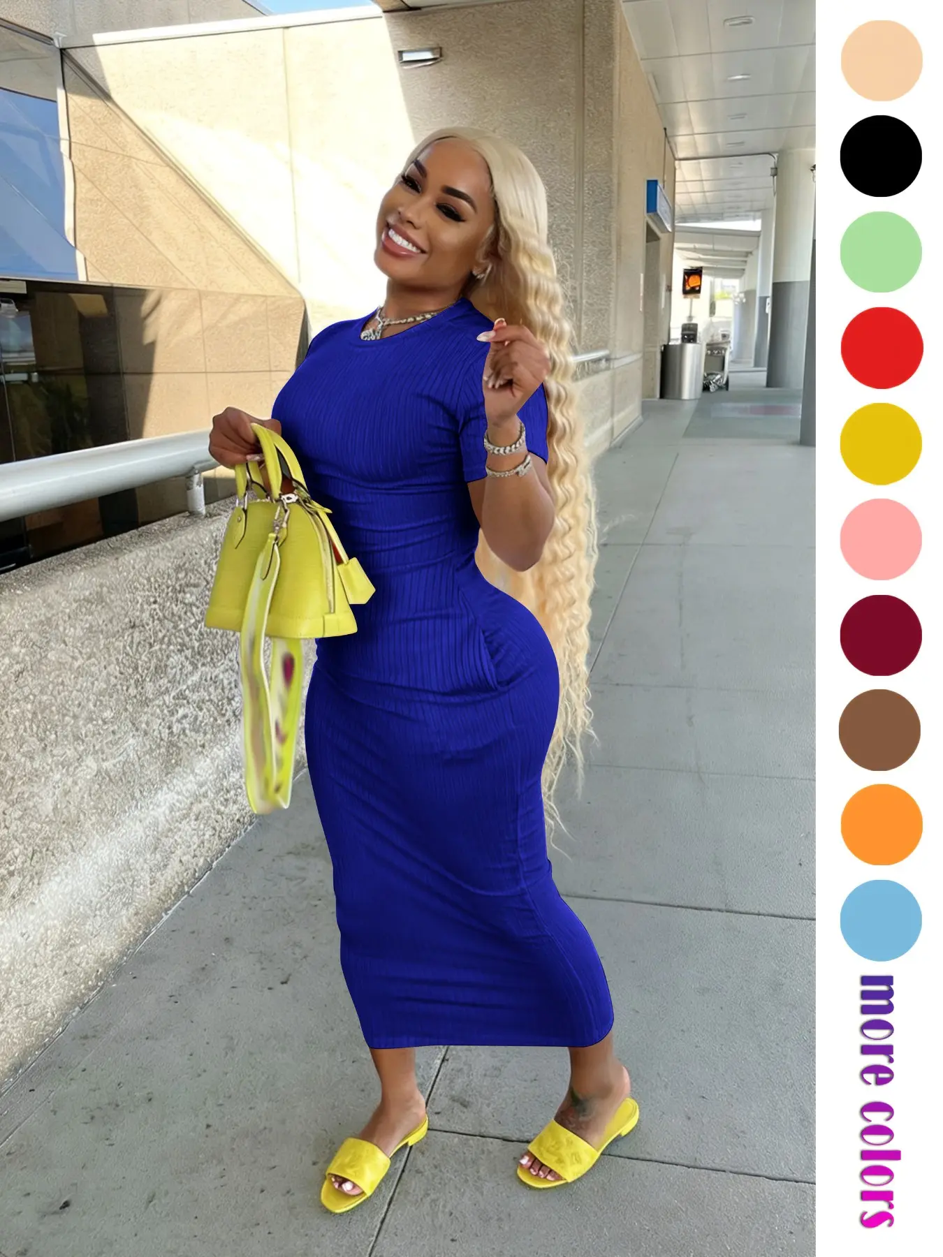Threaded Elastic Ribbed Solid Color Knit Ruched Bodycon Fit Dress, Breathable Elastic Party Outing Travel Beach Pocket Long Midi Dress, Summer Dress, Everyday Casual Wear, Womenswear