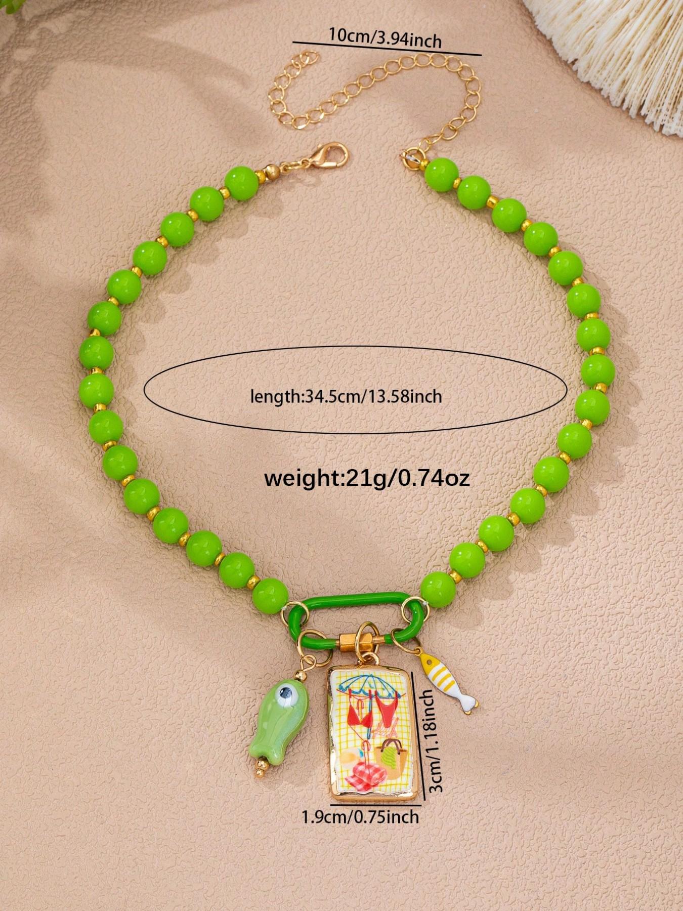 3Pcs Summer Ocean Themed Beaded Charm Necklace Set - 3PCS Dopamine Green & Blue Layered Mixed Necklaces with Enamel Lobster ,Beach Vacation  Jewelry, Dainty Layering Jewelry