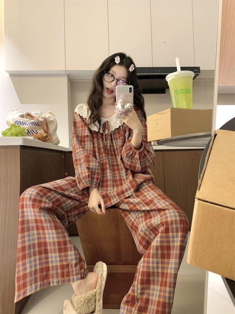 Women's 2025 Autumn New Cotton Lace Plaid 2-Piece Longsleeves Crew Neck Pajama Set - Lady's Cotton Waist Pants, Lounge Pjs Set, Home Sleepwear Loungewear