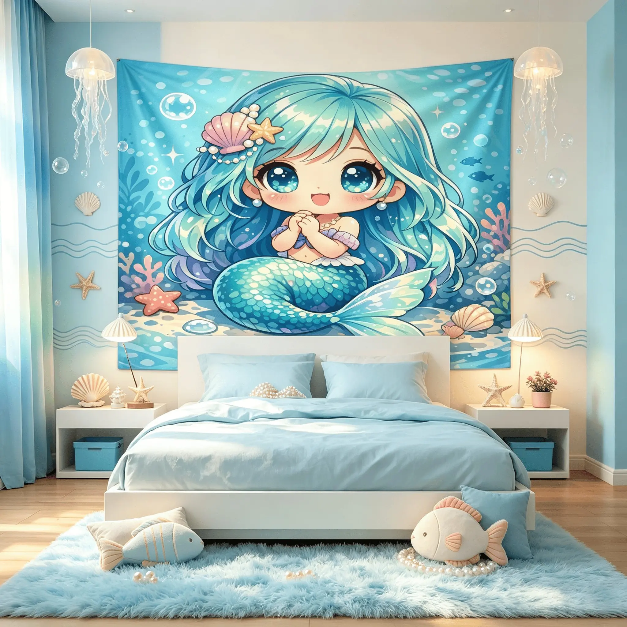 Underwater Cartoon Mermaid Single-Sided Printed Pattern Tapestry, Underwater World Atmosphere Decoration, Lightweight Wall Decoration Cloth, Suitable For Bedroom, Apartment, Party Decoration, Suitable As Decoration And Gift