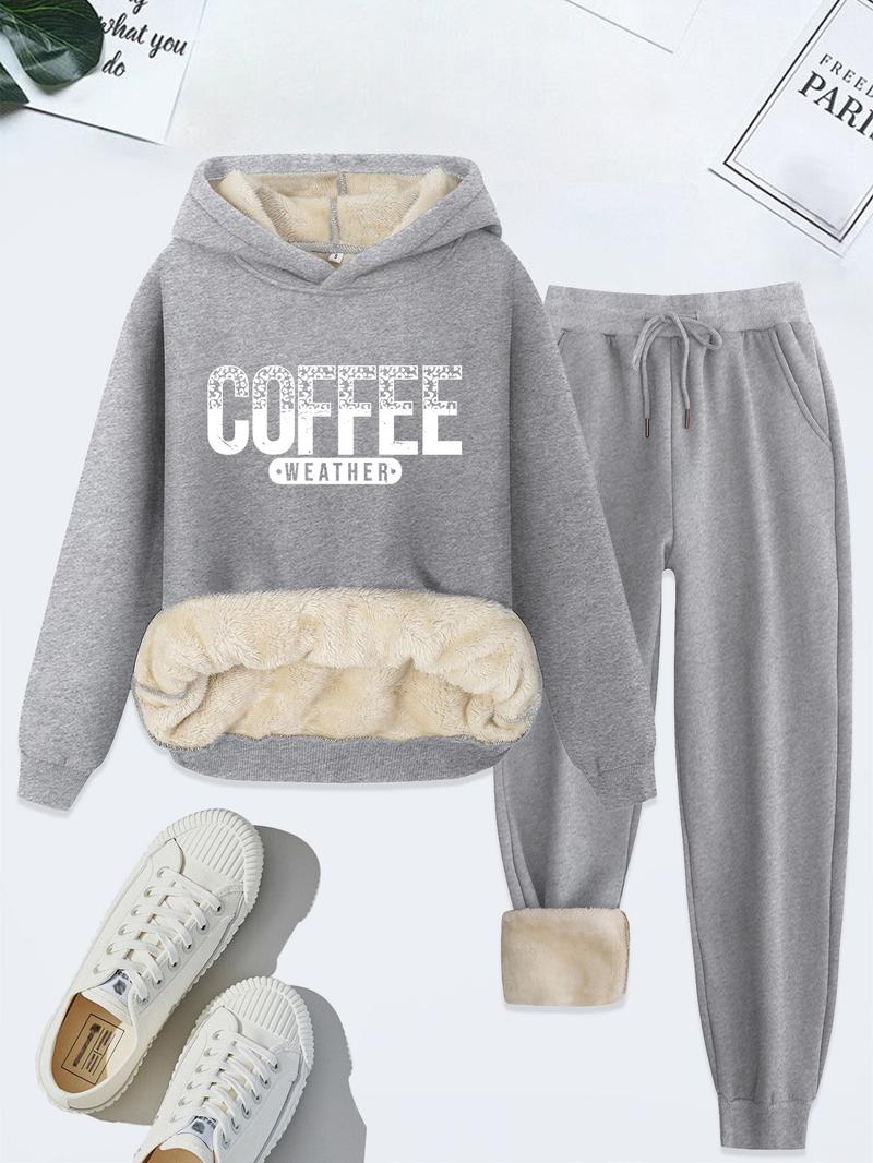 Women's Coffee Weather Print Hoodie & Sweatpants Set, Fleece Lined Thick Casual, Fall Winter Two-Piece Set, Plain Style