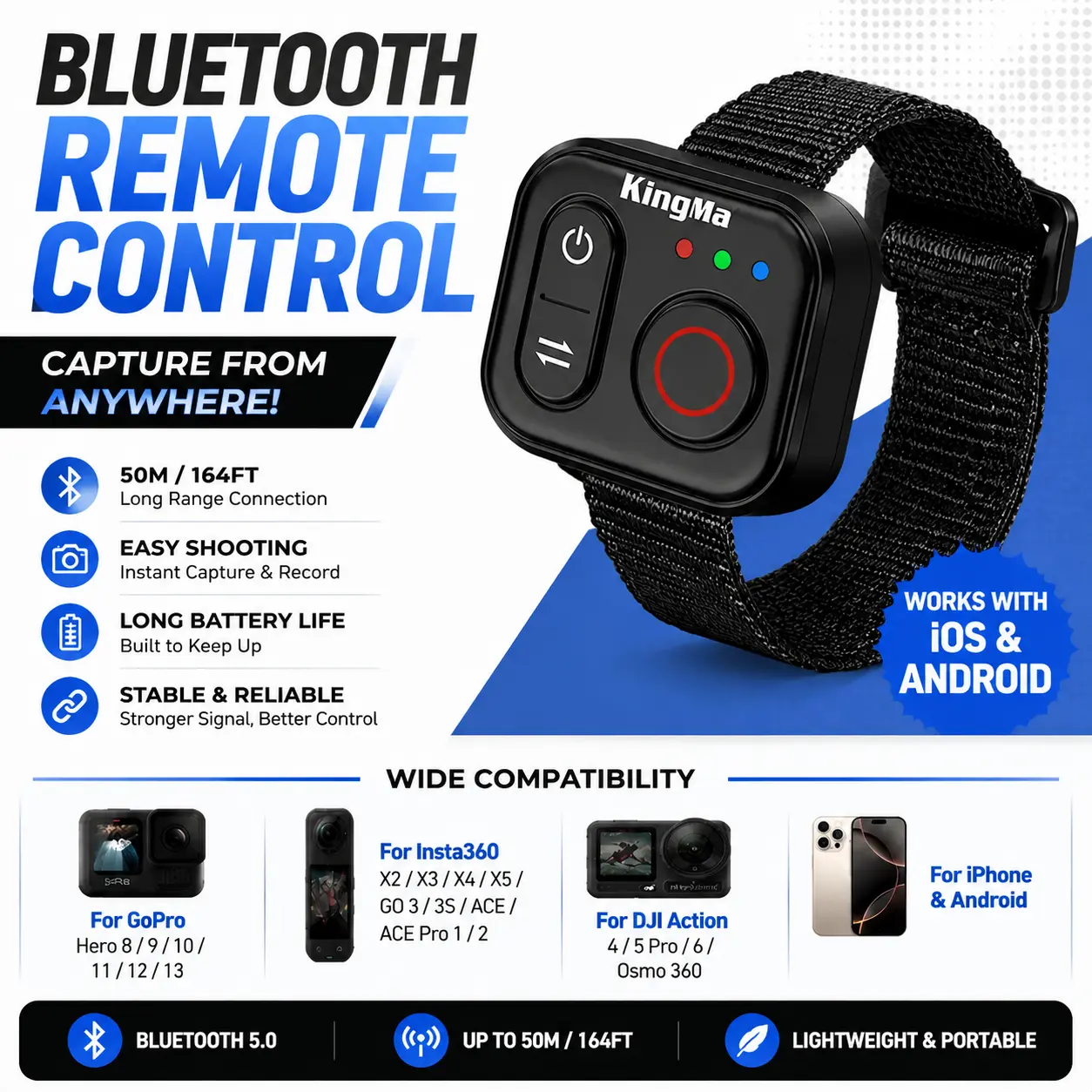 50M Long Distance Bluetooth Camera Remote Control with One-Touch Shooting, Wearable Wrist Strap Design, Universal Wireless Controller for GoPro, Insta360, DJI Action Series and Smartphones