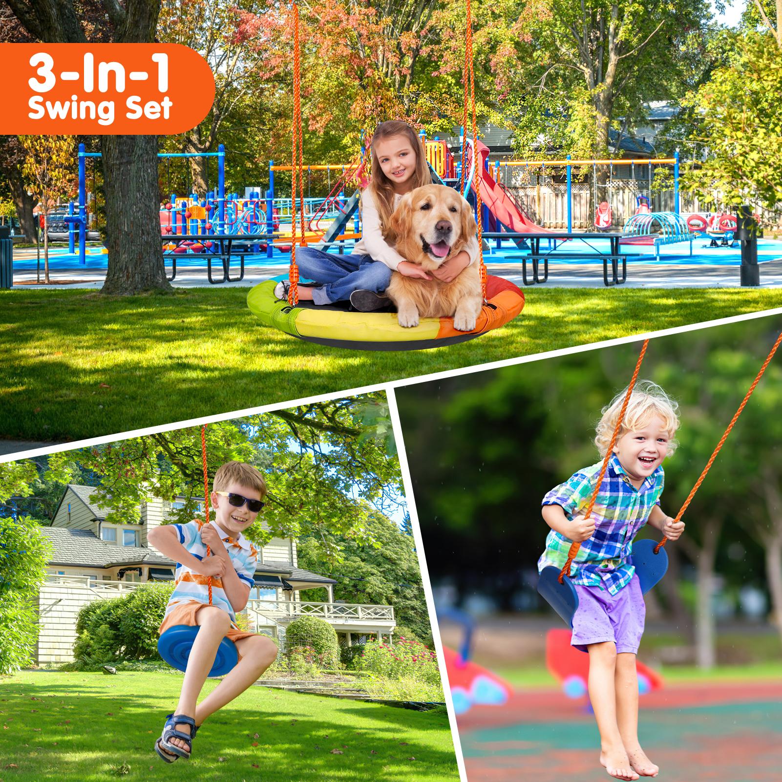 Bearbro Swing Set with 1 Saucer and 1 Belt Swing Seat, 440lbs Swing Set for Kids with Heavy Duty A-Frame Metal Swing Stand for Backyard and Playground