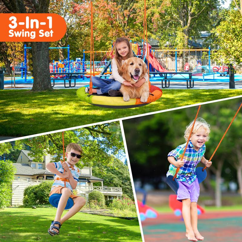 Bearbro Swing Set with 1 Saucer and 1 Belt Swing Seat, 440lbs Swing Set for Kids with Heavy Duty A-Frame Metal Swing Stand for Backyard and Playground