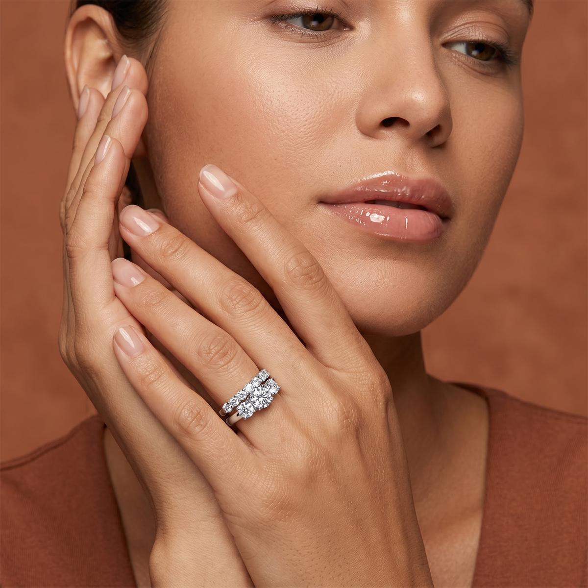 CENLEAR Female Stunning Ring Set - Women's 18K Gold-Plated Lab-Grown 2-Carat 3-Stone Stackable Fine Moissanite Wedding Rings Set for Engagement, Valentine's Day Gift