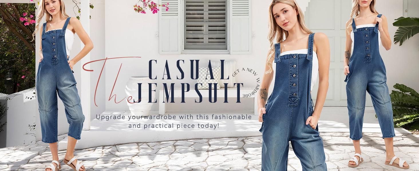 CHARTOU Women's Casual Loose Denim Overalls Harem Jeans Cropped Pants Overalls