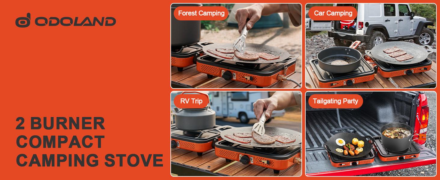 Odoland Portable 2 Burner Camping Stove Propane  with Griddle – 17000 BTU Gas Stove Collapsible Backpacking Stove for Indoor Outdoor Cooking Hiking and Picnic