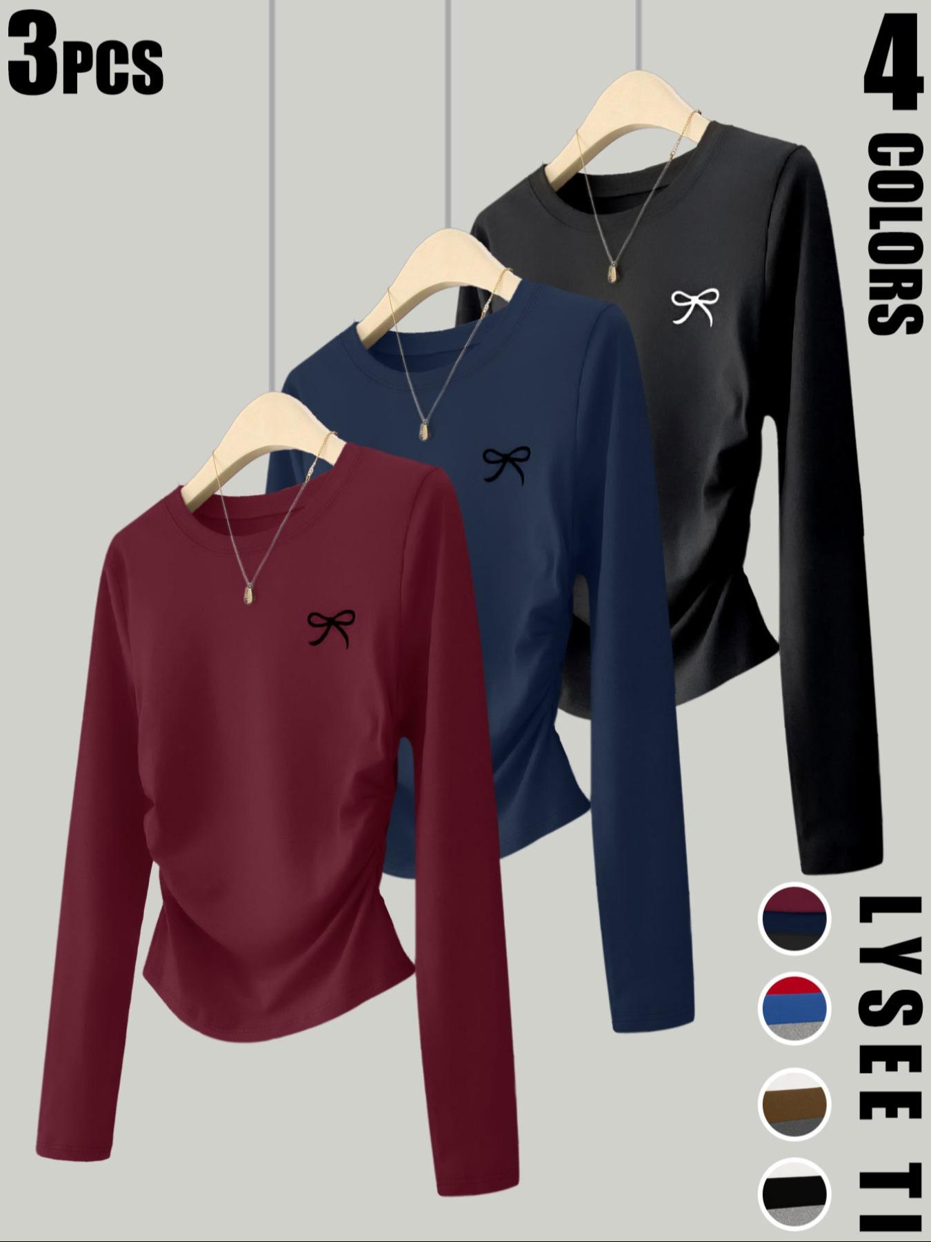 3pcs women's casual and fashionable Aesthetic slim fit small bow print details simple solid color pleated pullover shirt women's round neck long sleeved three piece T-shirt