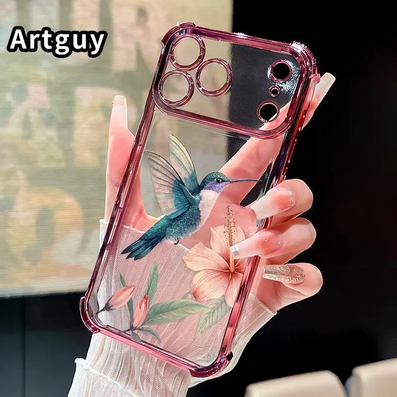 Hummingbird & Hibiscus Pattern Protective Smartphone Cover, Shockproof Casing Accessories for iPhone 18/17 Pro Max/16/15 Plus/14/13/12/11/E with 4 Strengthened Corners, Soft Back Drop Protection