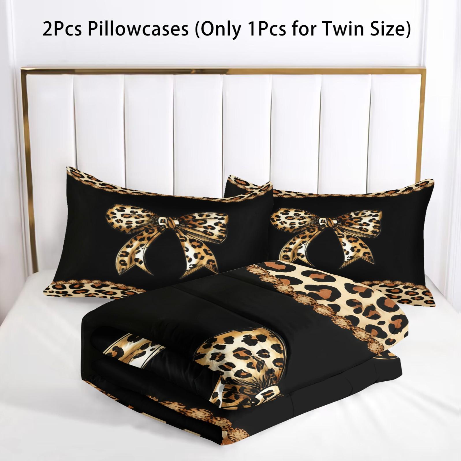 Leopard Print Bow Pattern Comforter Set, Soft And Durable Bedding Set, Including 1 Comforter And 1 Or 2 Pillowcases, Suitable For Children And Adults Daily Holiday Birthday Gifts Bedroom Decorations, Soft Bedding Sets