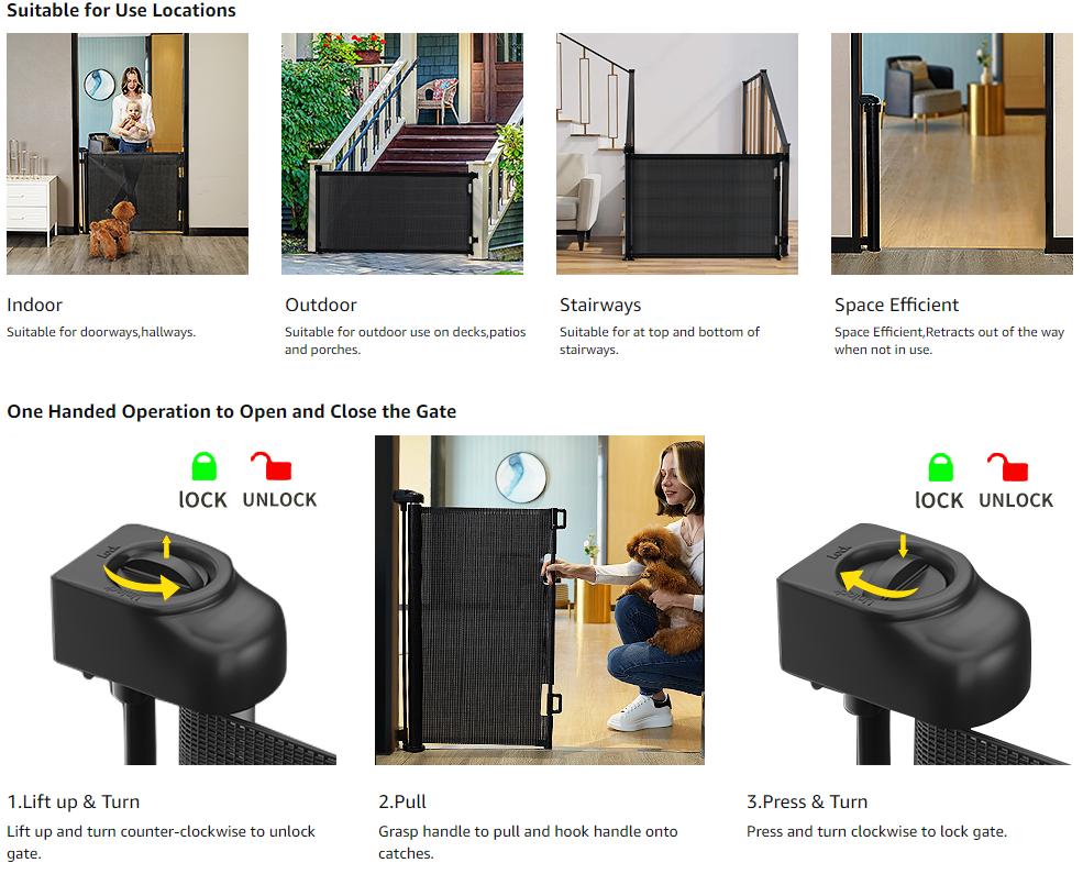 Retractable Baby Gate,Mesh Baby Gate or Mesh Dog Gate,33" Tall,Extends up to 55"/71"/118"/168"/197" Wide,Child Safety Gate for Doorways, Stairs, Hallways, Indoor/Outdoor（Black/grey/white）