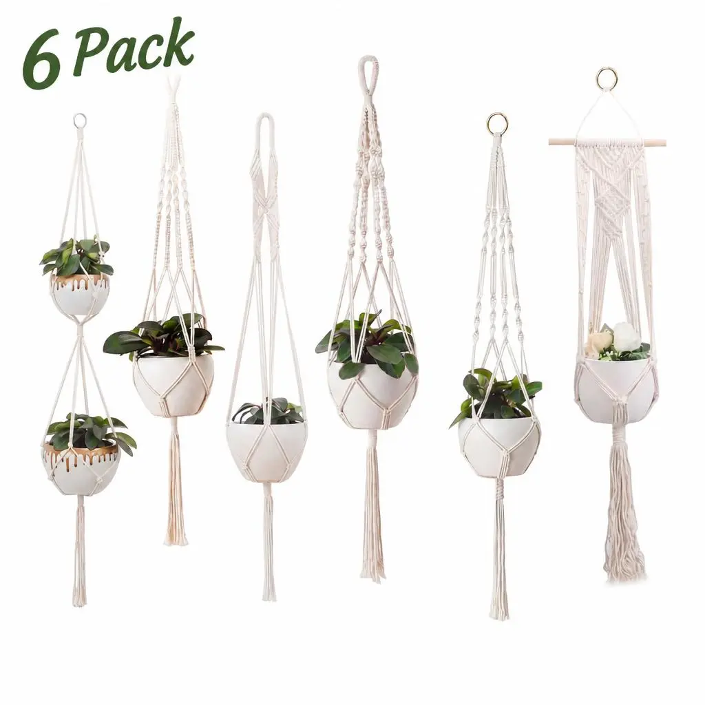 6 Pack Macrame Plant Hangers Indoor Hand Woven Cotton Hanging Plant Holder Set 32 to 46 Inch