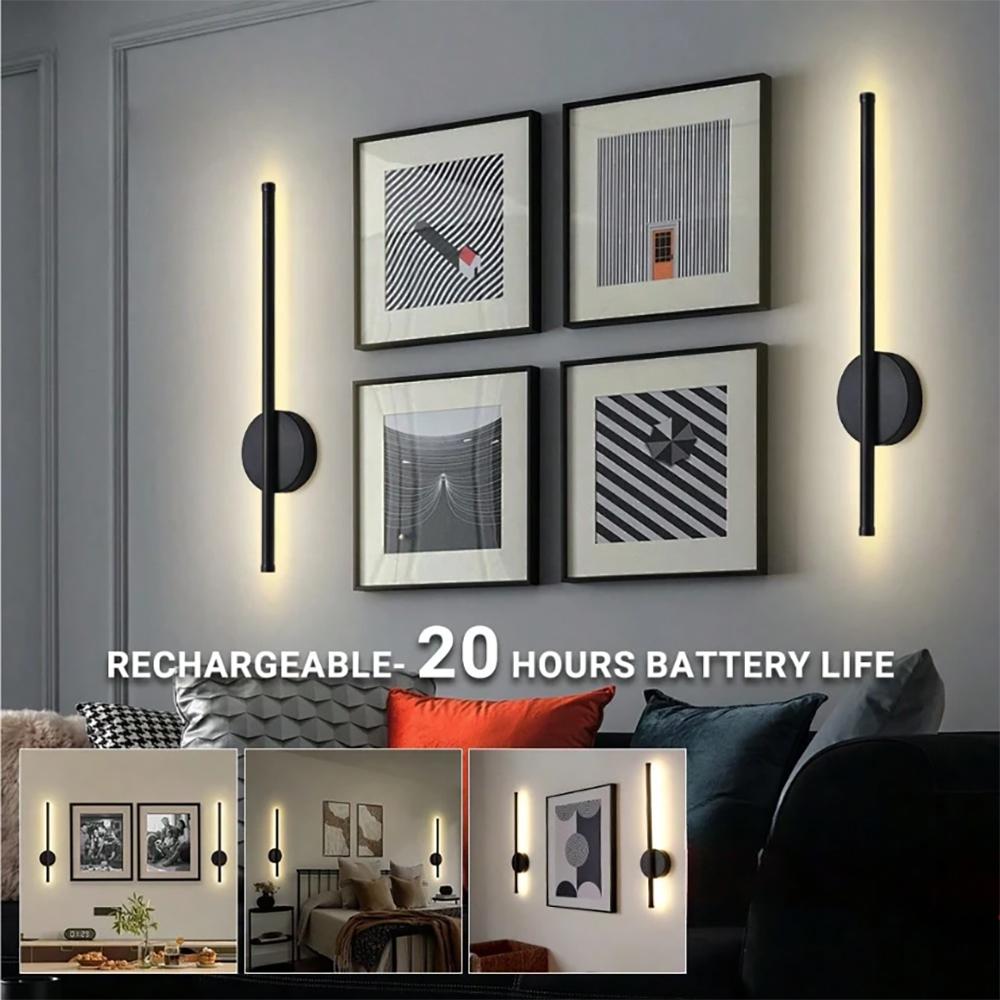 2-Pack Rechargeable Modern LED Wall Lights | Wireless | Black/Gold | 50CM | 4400mAh Battery | Touch + Remote Control | 3 Color Temperatures | Ideal For Living Room/Bedroom/Study | Interior LED Lights