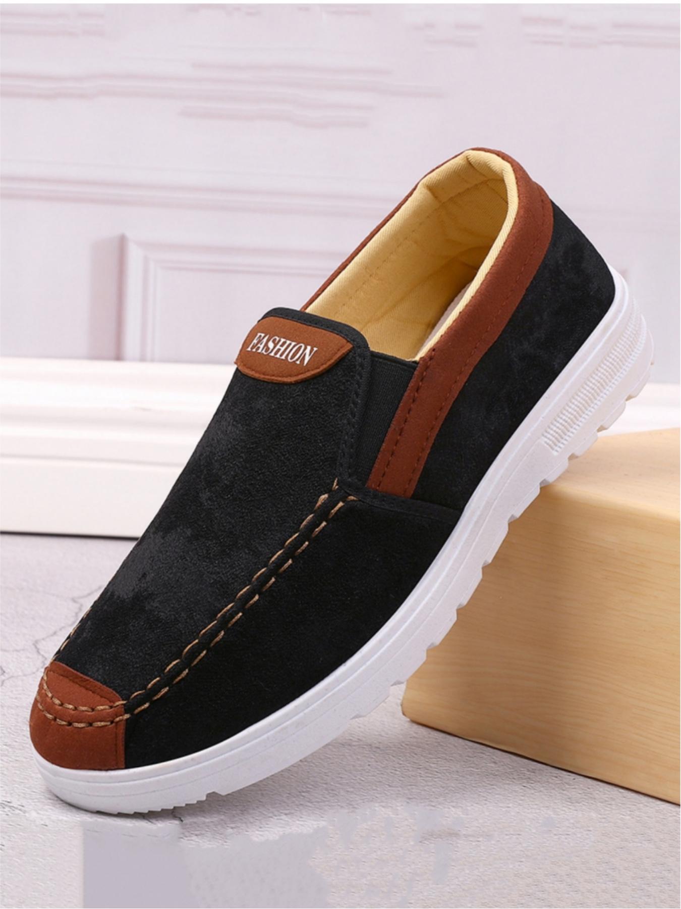 Men's casual shoes, breathable upper for a comfortable and airy feel, with a contrasting color design for a stylish look. The slip-on style ensures easy wear and removal, featuring a comfortable canvas material that is lightweight and durable