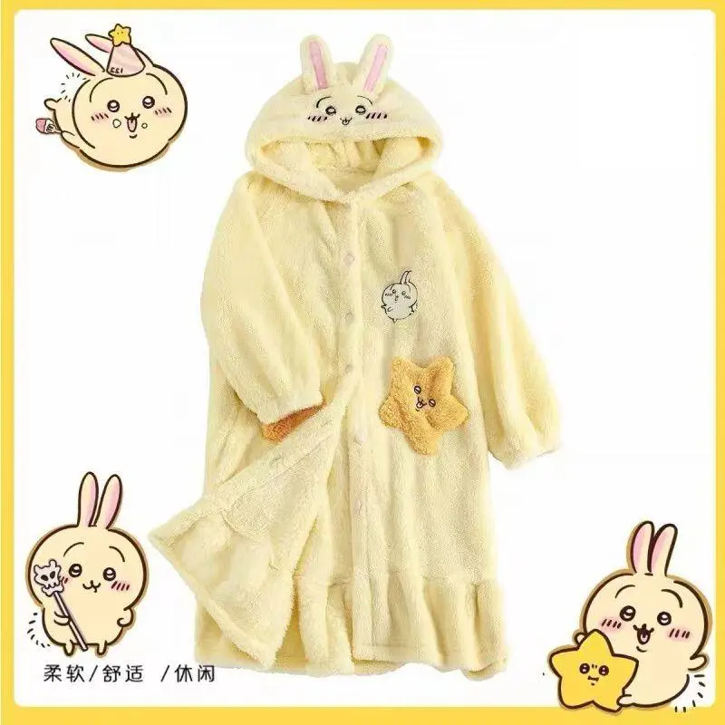Japanese Chiikawa Coral Velvet Pajamas Hachiware Usagi Kawaii Long Warm Plus Velvet Thickened Hooded Pajamas Women's Homewear