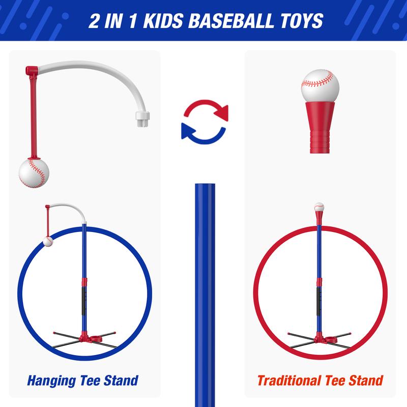 3-in-1 Baseball Set for Kids 3-5 - Tee Ball Stand, Hanging Tee, Ball Launcher and 6 Softballs - Adjustable Height, Indoor/Outdoor Sport Gifts for Boys, Blue/Purple