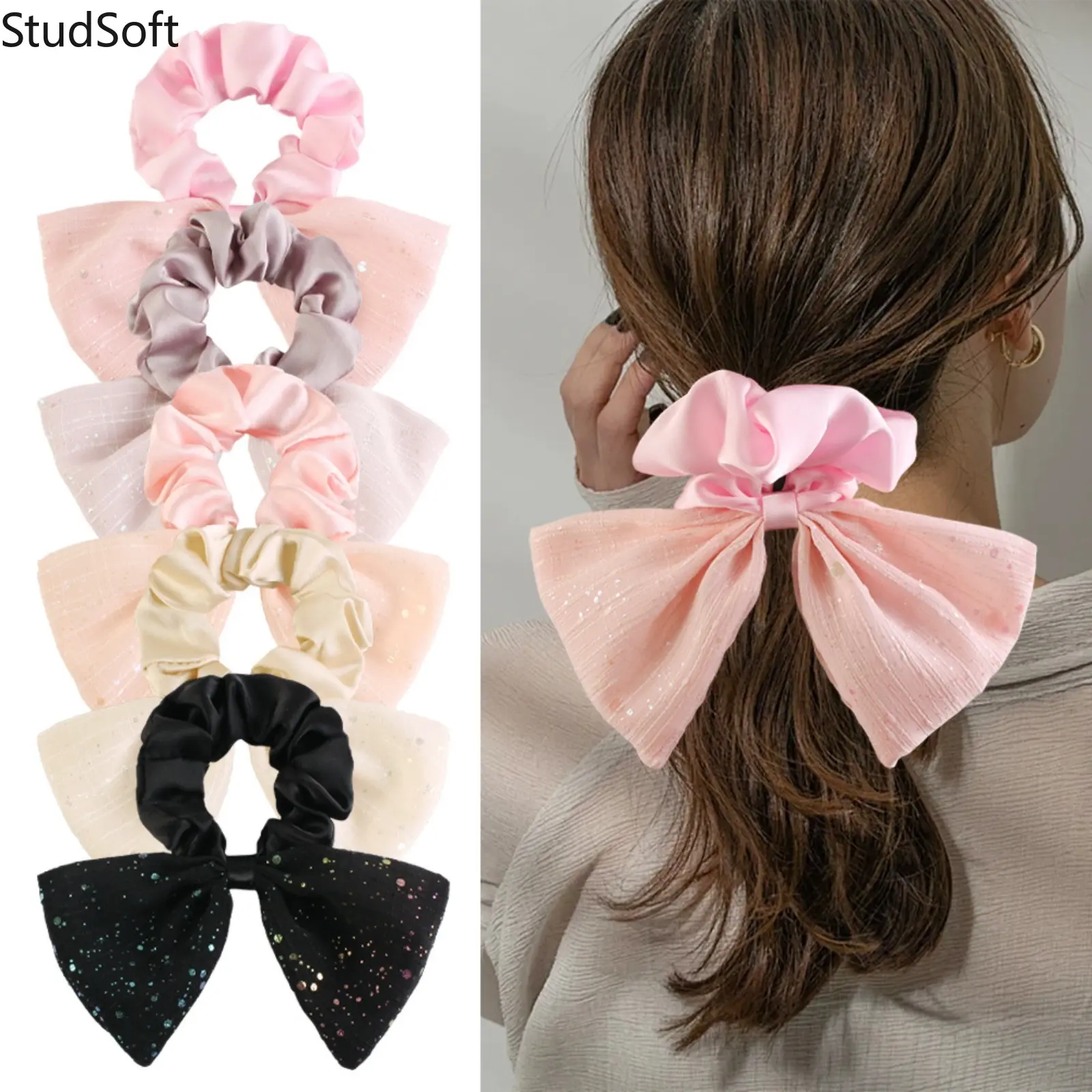 5Pcs Glitter Bow Scrunchies Large Satin Hair Ties Ribbon Ponytail Holder Pack Coquette Balletcore Aesthetic Hair Bands for Women Casual Daily Party