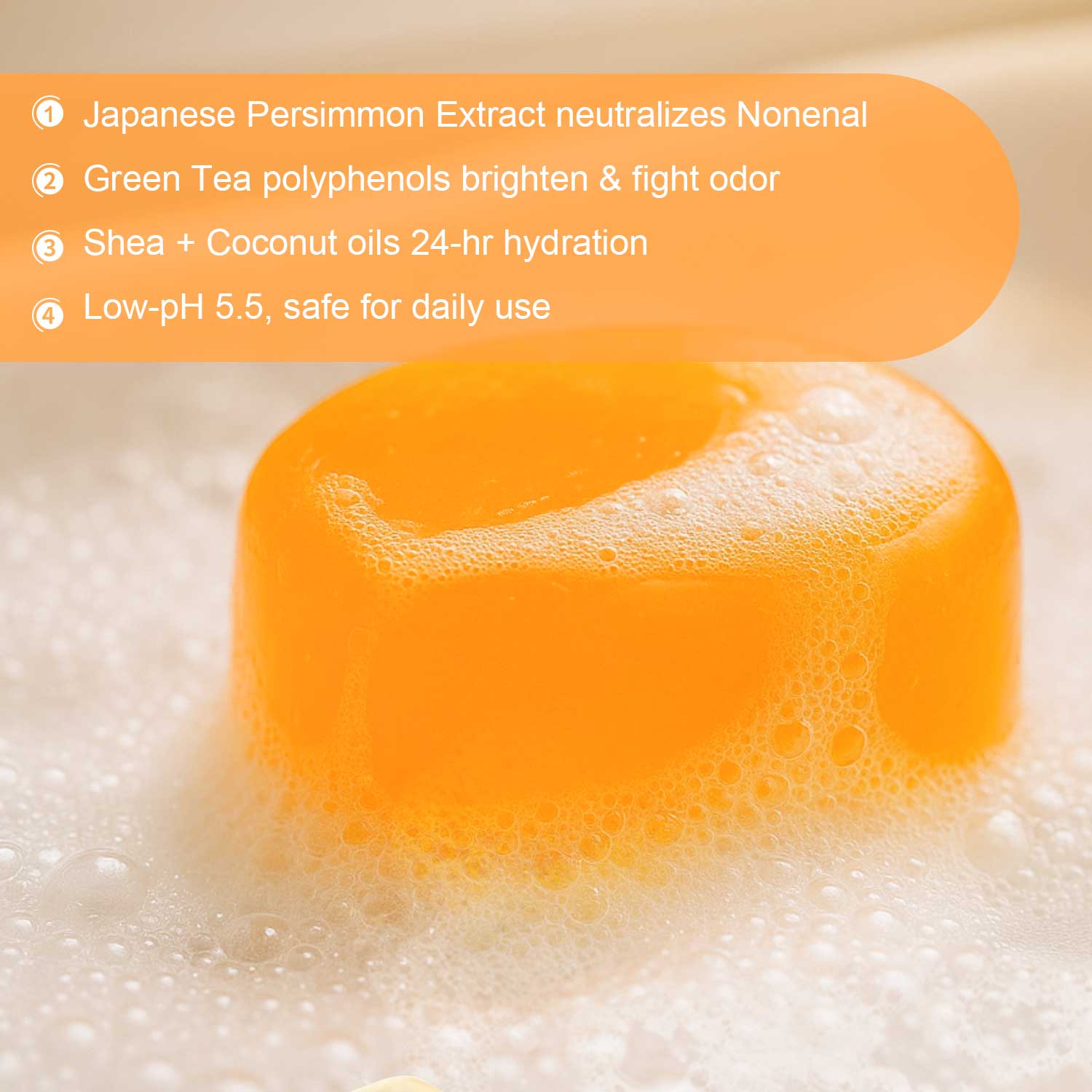 Persimmon Soap Bar - Deodorizing Soap - Purifying Soap - Nonenal Solution - Japanese Persimmon and Green Tea Extract - For Men and Women - Gentle on All Skin Types - Natural Body Odor Soap