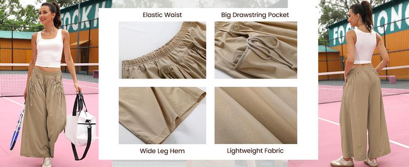 SCUSTY Women's Loose Wide Leg Track Pants Drawstring Pockets Elastic Waist Capri Hiking Pants Womenswear