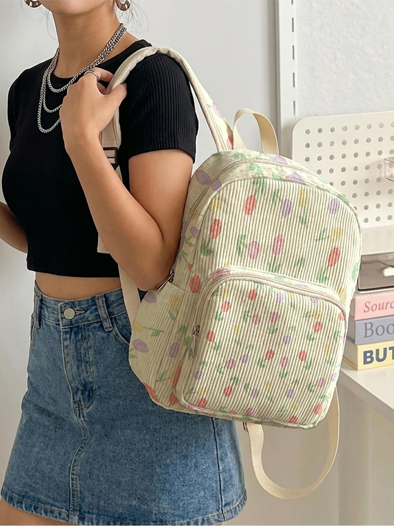 1 piece of 'Colorful Tulip Pattern' 2D printed ladies' backpack, corduroy texture + layered storage + light weight reduction | Perfect for students to go to class/shopping/short trips | Combines atmosphere with practicality