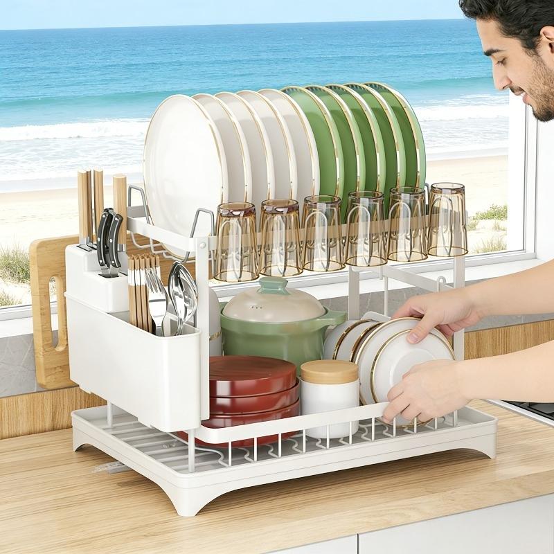 Kitchen countertop dish storage rack, double-layer design + drain tray + cutlery rack, bid farewell to wet countertops