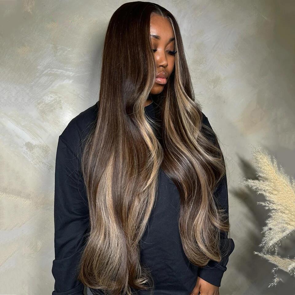 Brown Blonde Highlight Balayage Wig 13X6 Body Wave Human Hair Lace Front Wigs Pre Plucked 180% Density Highlight Ombre Colored Wigs Transparent Lace Frontal Wig Human Hair For Woman Natural Hairline SpringStatements