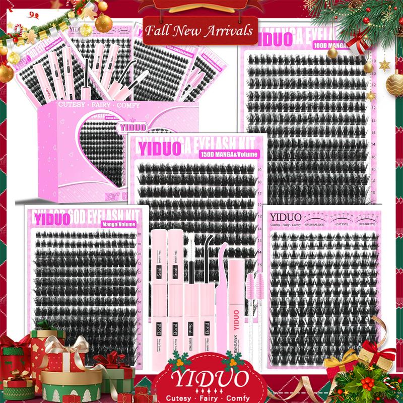 887 Pcs 4 Styles Lashes Kit 100D/150D/Manga/Volume Fluffy Eyelash Clusters Kit 10-18mm Cluster Eyelash Extension Kit D-Curl With Lash Bond and Seal*2, Lash Remover，Lash Tweezers,Eyelash Brush DIY at Home Easily
