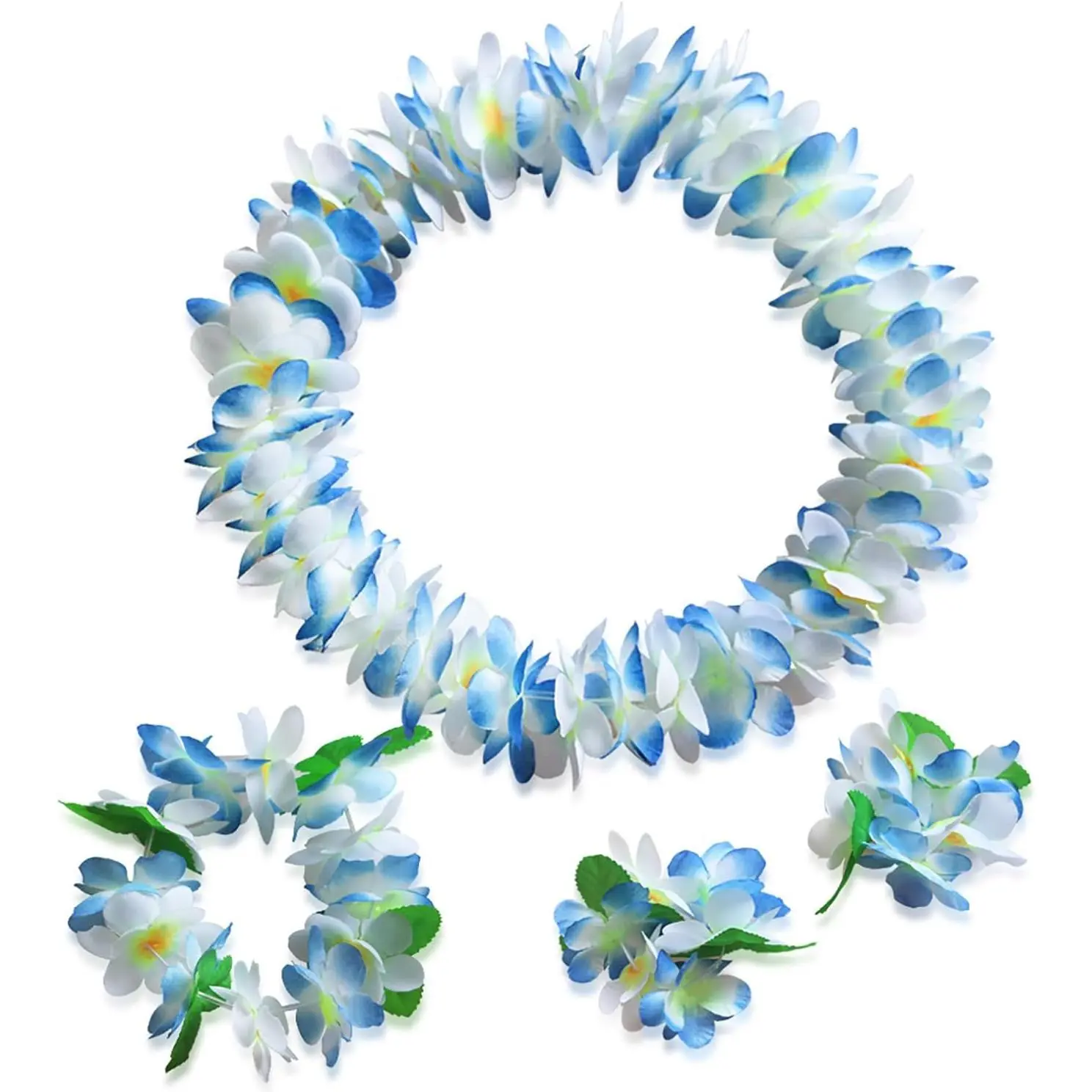 Hawaiian Luau Flower Leis Necklace Headband Bracelets Set, Luau Party Supplies for Summer Beach Vacations, Essential Party Decorations for Birthday, Graduation, and Wedding Celebrations (Blue)