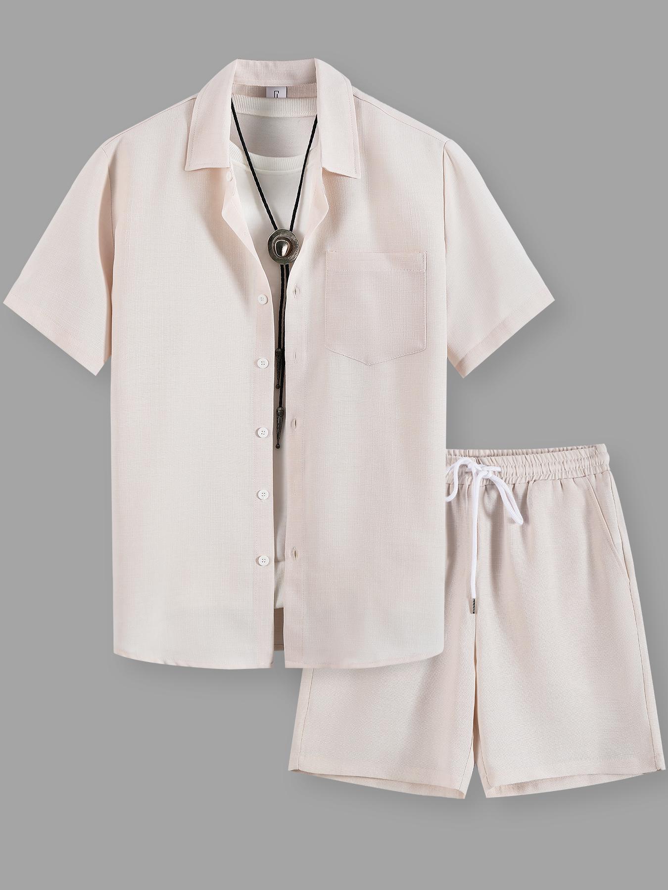 Men's Solid Short Sleeve Shirt & Shorts Loungewear Two-piece Set, Casual Comfy Top & Shorts PJ Set, Pajamas Set, Men's Sleepwear for Summer