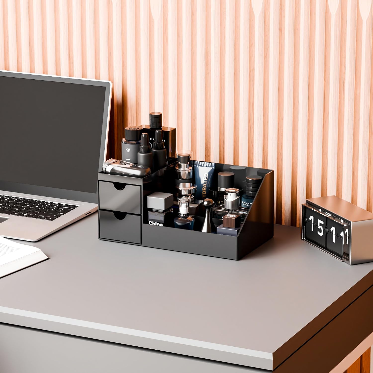 Makeup Organizer with 2 Drawer,Black Cologne Organizer for Men,Cologne Stand and Rack, Care,Perfume Organizer Holder and  Shelf for ,Bathroom Countertop and Dresser Top,1PCS