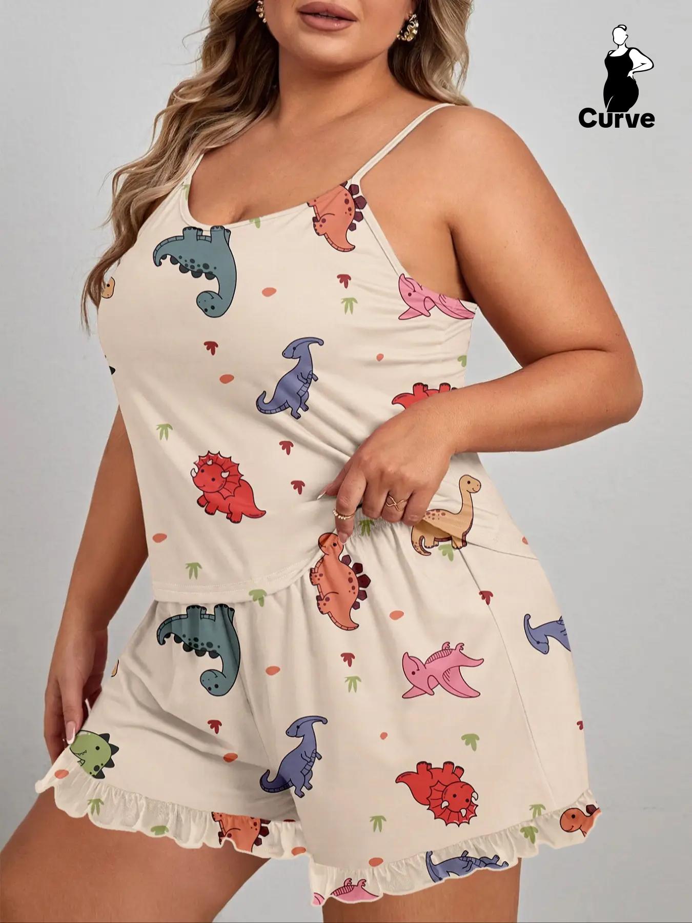 Plus Size Dinosaur Print Elastic Waist Pyjama Set, Casual Cami Top & Ruffle Hem Shorts Set, Summer Outfits 2024, Summer Clothes, Women's Summer Sleepwear