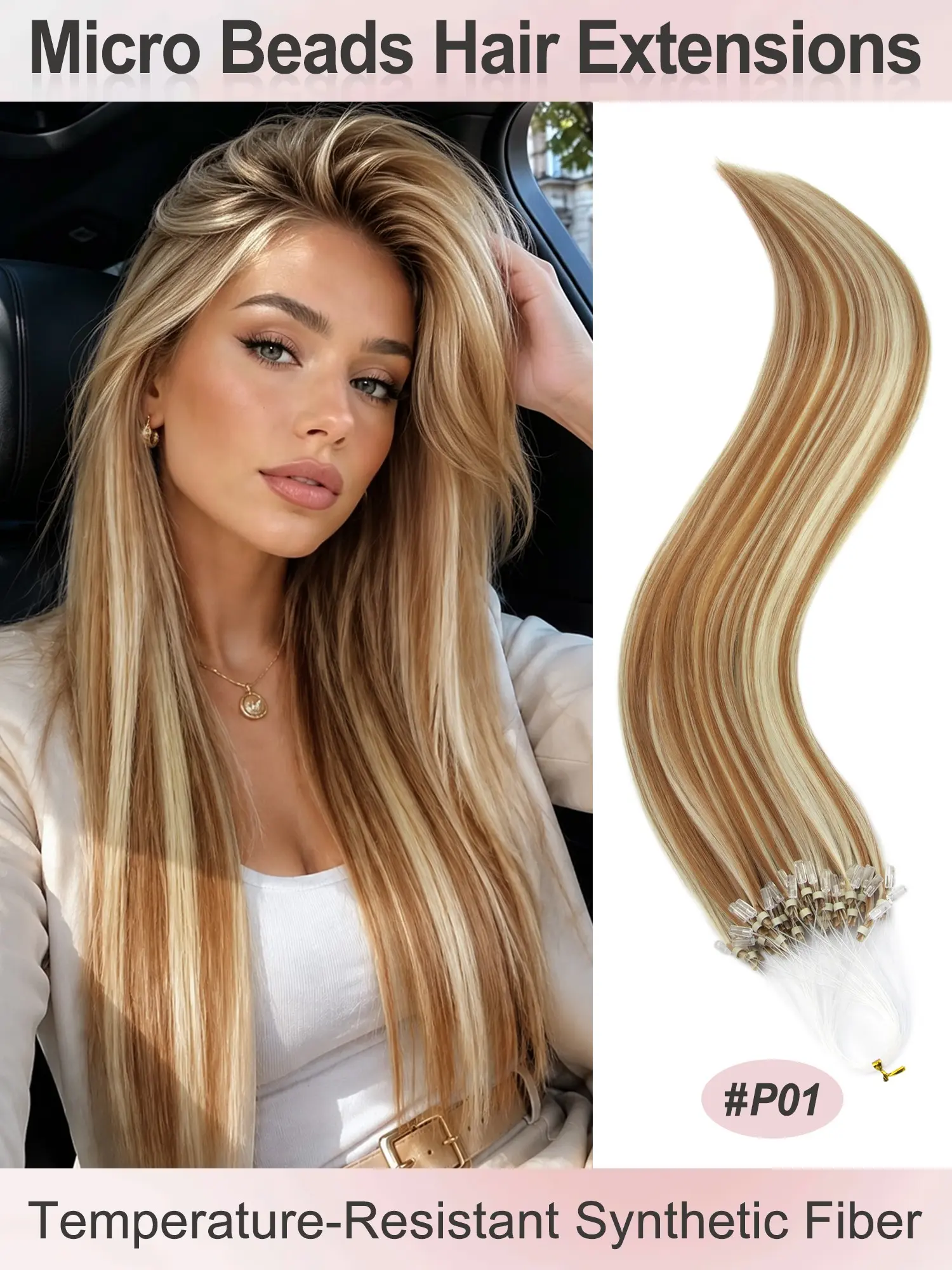 50 Strands Micro Beads Salon Hair Extensions, 20inch Natural Straight Synthetic Hairpieces, 12 Colors, Add Volume & Length, Synthetic Fiber Hair for Women